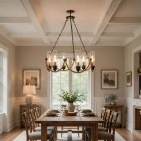 Arga 6 Light Chandelier, Glass Shade, Rope Arms, Bronze Metal 12 Inch