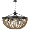6 Light Pendant Chandelier, Caged Bowl Braided Rope, Black Metal 32 Inch
