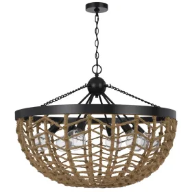 6 Light Pendant Chandelier, Caged Bowl Braided Rope, Black Metal 32 Inch