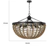 6 Light Pendant Chandelier, Caged Bowl Braided Rope, Black Metal 32 Inch