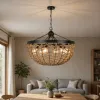 6 Light Pendant Chandelier, Caged Bowl Braided Rope, Black Metal 32 Inch