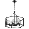 6 Light Chandelier, Caged Round Oval, Glass Shades, Black Metal 24 Inch