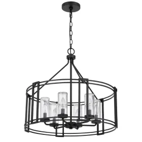 6 Light Chandelier, Caged Round Oval, Glass Shades, Black Metal 24 Inch