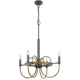 4 Light Candelabra Chandelier, Wood Base, Bronze and Gray Metal 24 Inch