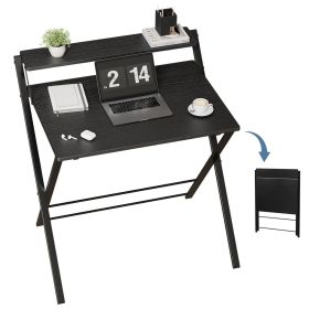 Small Folding Desk with Shelf, No-Assembly Foldable Computer Table for Tight Spaces, Portable Writing Desk for Office Dorm Apartment (Color: Black)